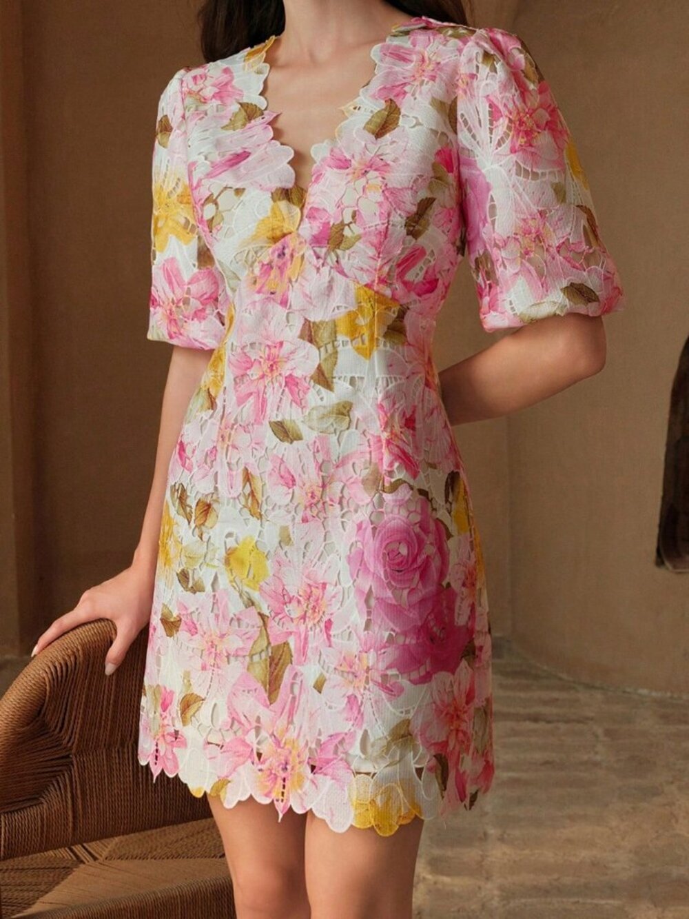 Pink Boho Women's V-Neck Puff Sleeve Ruffled A-Line Lace Floral Print Dress - Picture 6 of 7